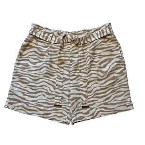 ANNE KLEIN Tan Zebra Print Linen Blend Shorts with Belt with Gold Logo
